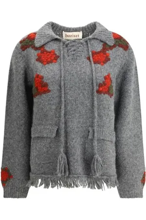 Baziszt Strik, Dame, Grå, M, Ribbet V-hals sweater med broderede pynt