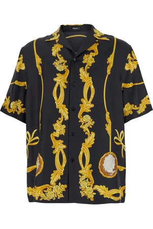 VERSACE Skjorte, Herre, Sort, XL, Grafisk Print Cubansk Krave Skjorte Sort