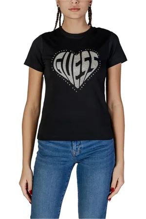 Guess Top, Dame, Sort, M, Bomuld, Hjerte Rhinestone Crew Neck Tee