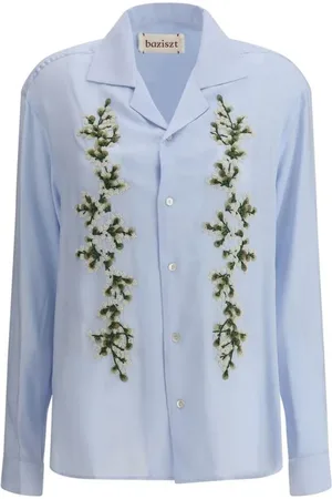 Baziszt Bluser & Skjorter, Dame, Blå, M, Broderet Blomstret Skjorte med Klassisk Krave