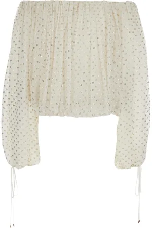 Chloé Bluser & Skjorter, Dame, Hvid, XS, Uld, Off Shoulder Ruffle Polka Dot Top