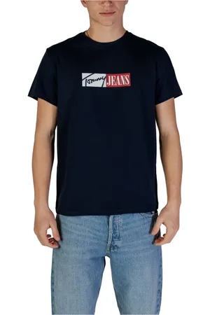 Tommy Hilfiger Top, Herre, Blå, S, Bomuld, Blåt Trykt Bomulds T-Shirt med Rund Hals