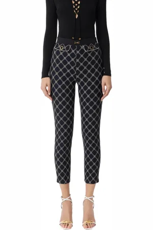 Elisabetta Franchi Bukser, Dame, Sort, L, Uld, Slim Fit Ankel-længde Diamant Print Bukser