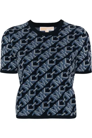 Michael Kors Strik, Dame, Blå, XS, Polyester, Empire Signature Logo Jacquard-Trøje med korte ærmer