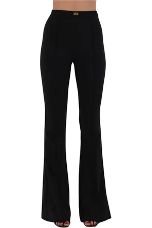 Elisabetta Franchi Bukser, Dame, Sort, M, Polyester, Flarede Crêpe Bukser med Logo Plakette