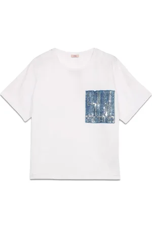 Oltre Top, Dame, Hvid, L, Denim, T-shirt med denim lomme og pailletter