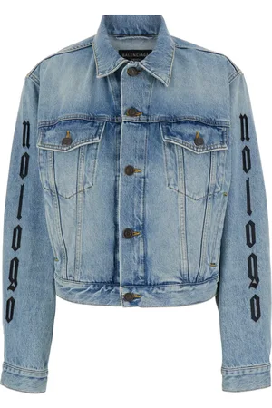 Balenciaga Jakke, Dame, Blå, S, Denim, Blå Denim Jakke med Kunstværk Pynt
