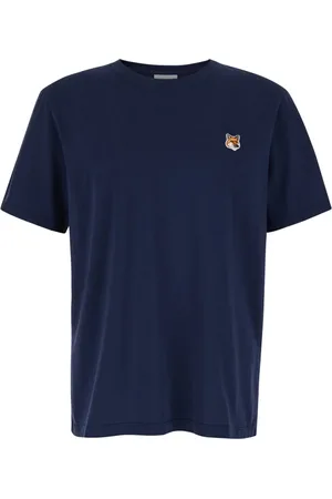 Maison Kitsuné Top, Herre, Blå, L, Bomuld, Fox Head Patch Crewneck T-shirt
