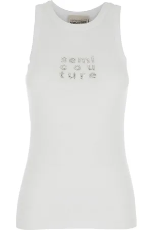 SEMICOUTURE Top, Dame, Hvid, S, Bomuld, Hvid Ribbed Top med Logo Detalje