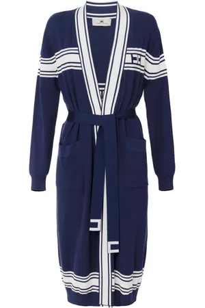 Elisabetta Franchi Strik, Dame, Blå, M, Blå Lang Cardigan med Kontrastbånd