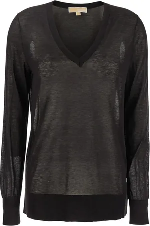 Michael Kors Strik, Dame, Sort, S, Bomuld, Sort V-hals Sweater Bomuld Silke Blanding