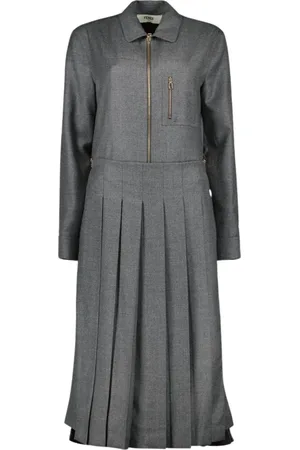 Fendi Kjole, Dame, Grå, XS, Uld, Uld Plisseret Lang Frakke