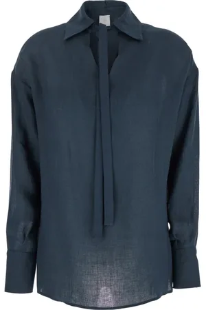 ELEVENTY Bluser & Skjorter, Dame, Blå, S, Linned, Blåt Linnedskjorte med Spredt Krave