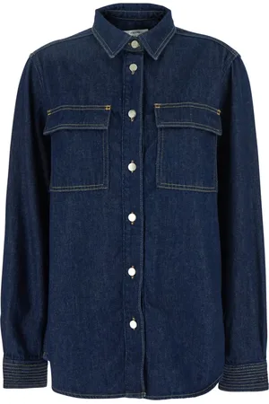 Frame Bluser & Skjorter, Dame, Blå, S, Denim, Blå Oversize Trapunto Skjorte med Klassisk Krave