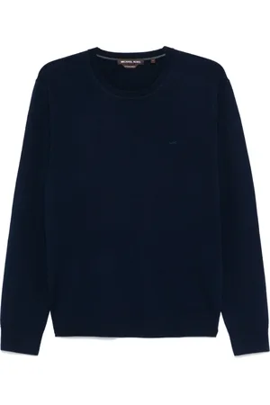 Michael Kors Strik, Herre, Blå, XL, Uld, Midnight Merino Crew Broderet Trøje