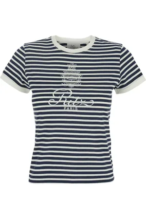 Frame Top, Dame, Blå, L, Bomuld, Paris Logo Print Stribet Crewneck T-Shirt