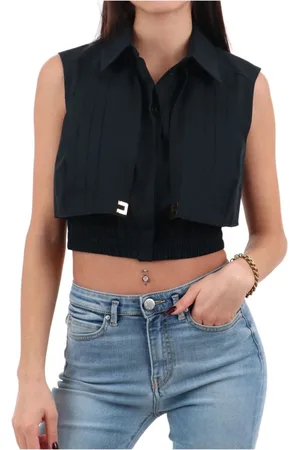 Elisabetta Franchi Bluser & Skjorter, Dame, Sort, XS, Bomuld, Sort Cropet Bomuldsskjorte med Gulddetaljer