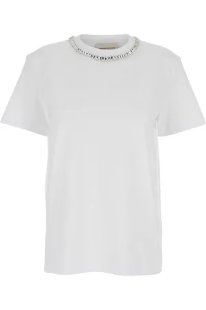 SEMICOUTURE Top, Dame, Hvid, M, Bomuld, Hvid rund hals T-shirt med metalliske dekorationer