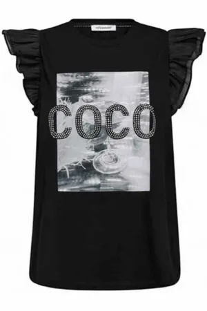 Co`Couture Top, Dame, Sort, XL, Hamp, Champagne Stone Mix Flutter Sleeve Top