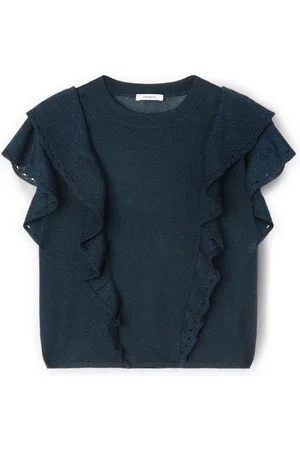 Motivi Strik, Dame, Blå, XS, Polyester, Lurex-pullover med flæser