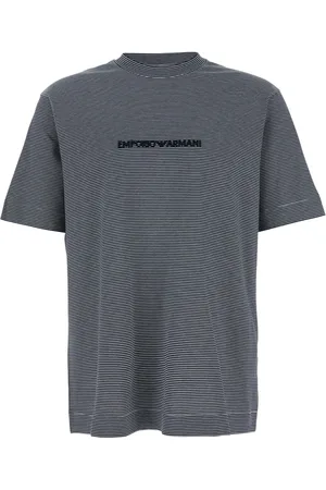 Emporio Armani Top, Herre, Blå, XL, Bomuld, Blå Logo Broderet Stribet T-Shirt
