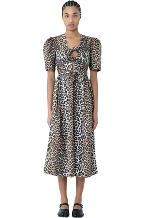 Ganni Kjole, Dame, Brun, L, Bomuld, Leopard Print Midi Kjole med Selvbinderem