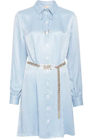 Michael Kors Kjole, Dame, Blå, S, Satin, Skjortekjole i pinstribet satin med bælte