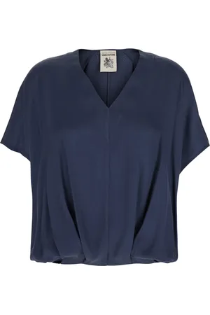 SEMICOUTURE Bluser & Skjorter, Dame, Blå, XS, Uld, Blå Silkeblanding V-hals Top med Draperede Ærmer