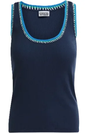 Essentiel Antwerp Top, Dame, Blå, M, Uld, Broderet Jersey Top med Skulderdetalje