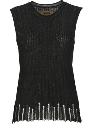 UMA WANG Top, Dame, Sort, S, Bomuld, Sort Ribbet Ærmeløs Crewneck Top