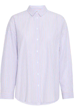 Ichi Bluser & Skjorter, Dame, Blå, L, Uld, Blå Multi Stribet Oversized Skjortebluse