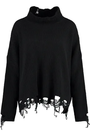 Pinko Strik, Dame, Sort, XS, Uld, Ribstrikket Turtleneck Sweater med Distressed Detaljer