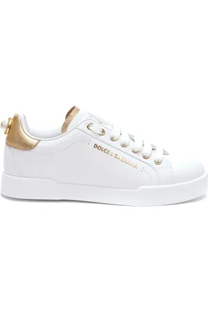 Dolce & Gabbana Sko, Dame, Hvid, 39 EU, Uld, Hvide Lædersneakers med Guld Accenter