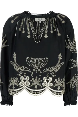 SEA Bluser & Skjorter, Dame, Sort, L, Bomuld, Sort V-hals bluse med Kingsley broderi
