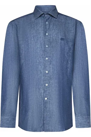 Etro Skjorte, Herre, Blå, 3XL, Linned, Blåt Linnedskjorte Logo Broderi Skræddersyet Pasform