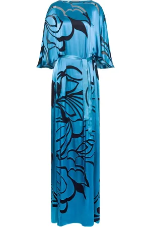 Alberta Ferretti Kjole, Dame, Blå, L, Satin, Blå Blomstret Satinkjole