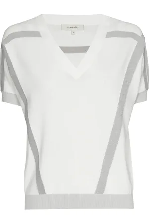 Marie Méro Strik, Dame, Hvid, L, Uld, Hvid V-hals pullover med grå striber