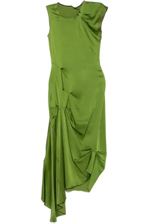 Victoria Beckham Kjole, Dame, Grøn, S, Grøn Draperet Midi Kjole med Asymmetrisk Hem