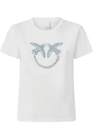 Pinko Top, Dame, Hvid, XS, Bomuld, Love Birds Broderede T-shirts