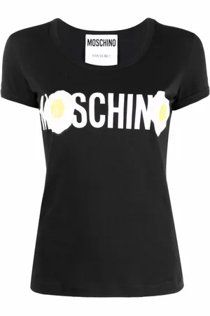 Moschino Top, Dame, Sort, S, Bomuld, Sort T-shirt med logo og stegt æg design