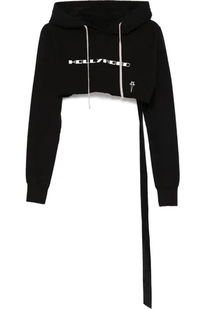 Rick Owens Sweathshirts & Hoodies, Dame, Sort, L, Bomuld, Sort Cropped Hættetrøje med Frontprint