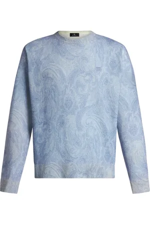 Etro Strik, Herre, Blå, XL, Uld, Blå Uld Crew-Neck Sweater med Paisley