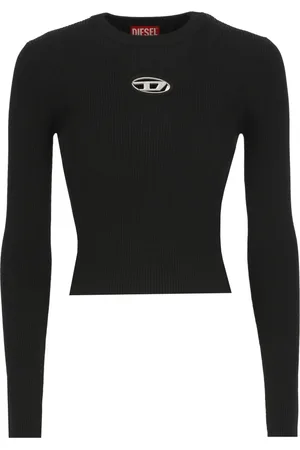 Diesel Strik, Dame, Sort, L, Uld, Ribbet Sort Strikket Trøje med Metallogo