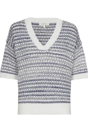 Marie Méro Strik, Dame, Blå, 4XL, Uld, V-hals Strik Pullover med Kontrast Krave