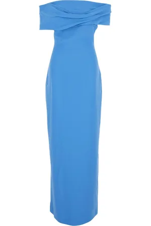 Solace Kjole, Dame, Blå, S, Uld, Blå Off-Shoulder Lang Kjole med Draperet Detalje