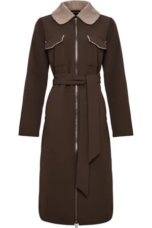 CESARE GASPARI Frakke, Dame, Brun, L, Uld, Bæltet lang frakke med shearling krave