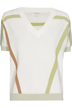 Marie Méro Strik, Dame, Hvid, XL, Tyl, Hvid V-hals pullover med grønne striber