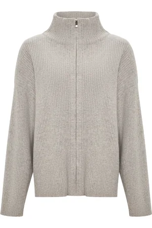 CESARE GASPARI Strik, Dame, Grå, M, Uld, Elegant Merino Zip-Up Sweater Alice
