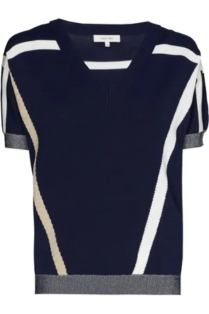 Marie Méro Strik, Dame, Blå, XL, Uld, Blå V-hals Stribet Pullover