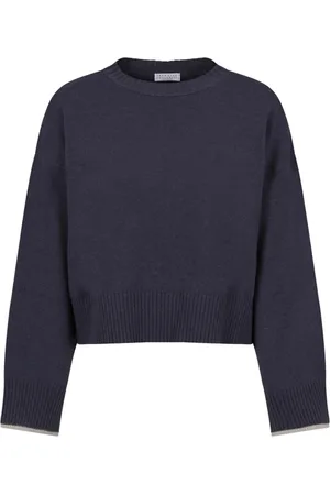 Brunello Cucinelli Strik, Dame, Blå, M, Cashmere, Kashmir Sweater Rund Hals Kvinder